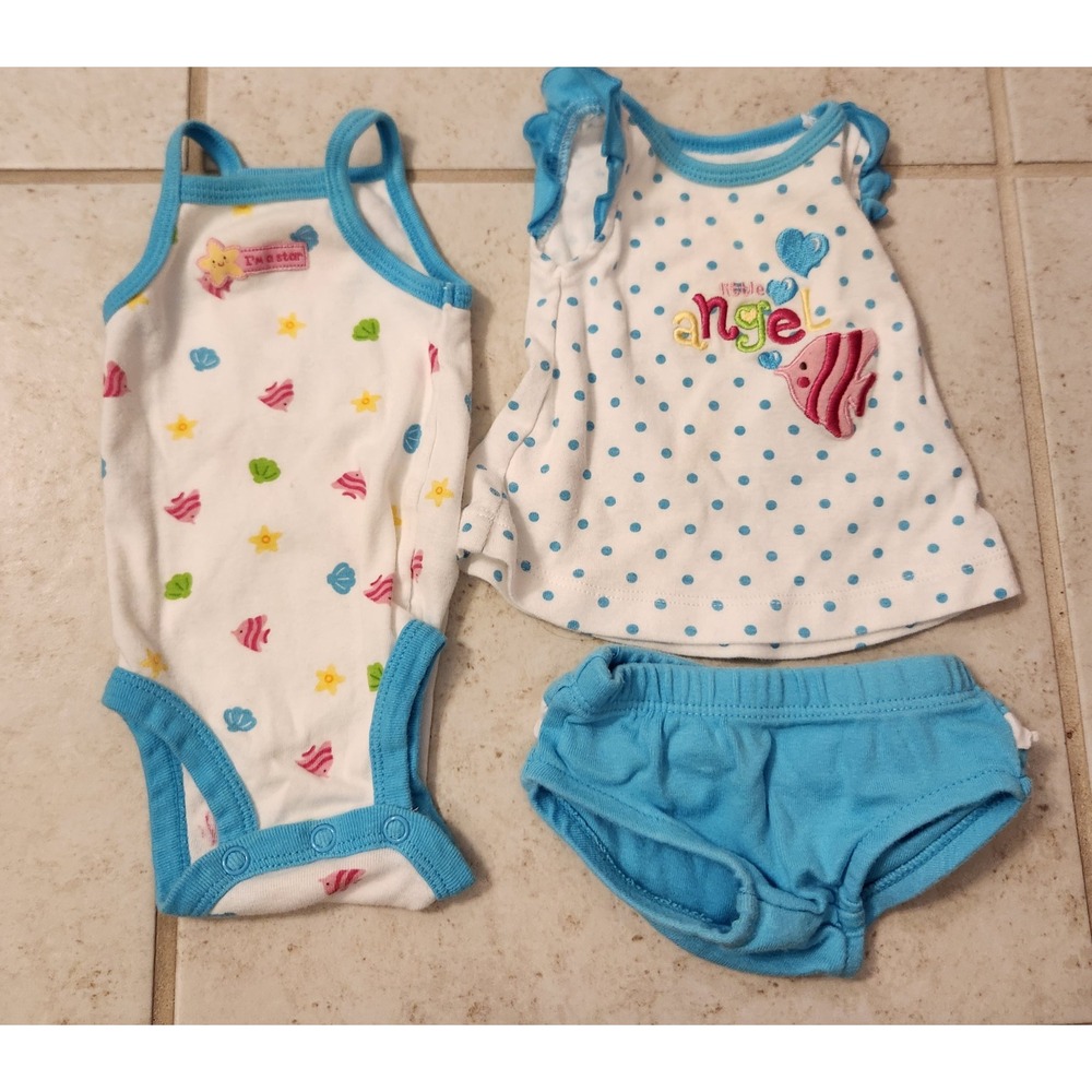 Child of Mine by Carters Newborn Girls 3pc Set Bodysuit Top Bloomers Blue White